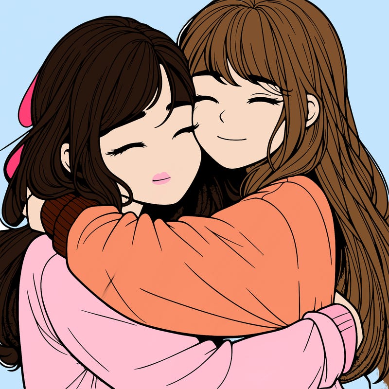realistic two girls hugging