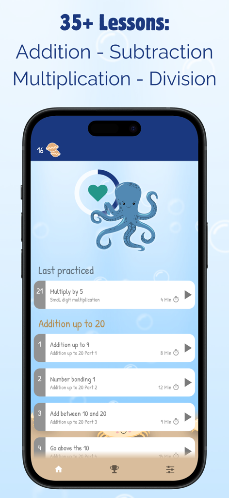 Learn Math For Kids PRO - Interfaz de la aplicación Aprende Matemáticas Para Niños PRO que muestra una lista de lecciones de aritmética para suma y multiplicación