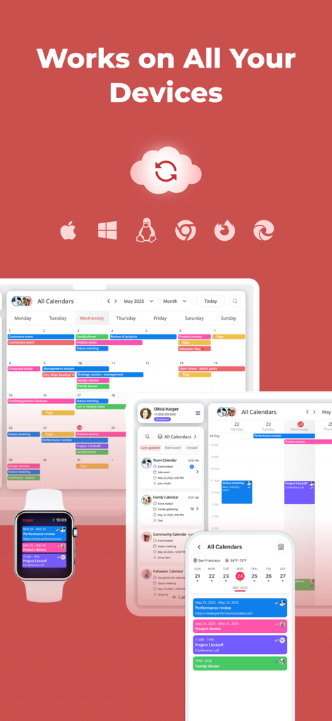 GroupCal-Gemeinschaftskalender-Oberfläche, angezeigt auf einem Smartphone, Tablet und einer Smartwatch, die die Synchronisierung über mehrere Geräte und plattformübergreifende Kompatibilität hervorhebt.