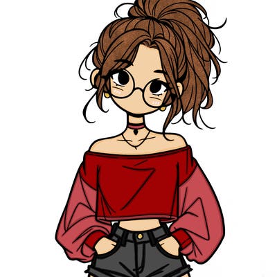 girl with a messy ponytail glasses a baggy crop top and jean shorts