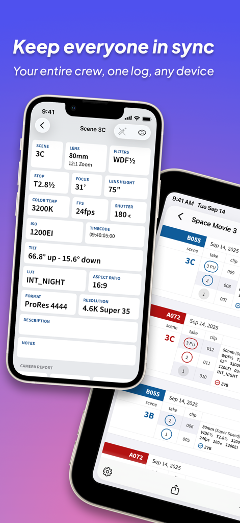 Interface of ZoeLog app on iPhone and iPad showing digital camera reports and crew synchronization