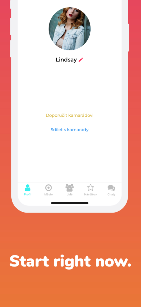 Travel's Chat - Travel & Meet - Schermata del profilo utente dell'app Travel's Chat che mostra le opzioni di navigazione e un profilo per un utente di nome Lindsay.