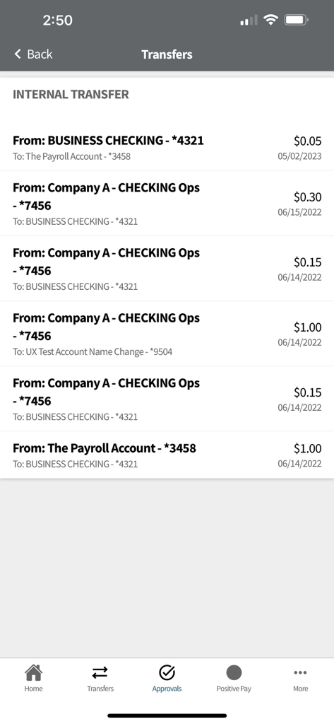 Cathay Bank Business Mobile - Internal transfer history screen in the Cathay Bank Business Mobile app displaying transaction amounts and account details.