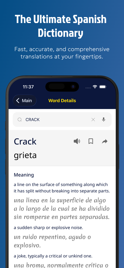 Spanish Dictionary: Translate+ - Spanish Dictionary Translate plus app showing word definitions and translations for crack and grieta.