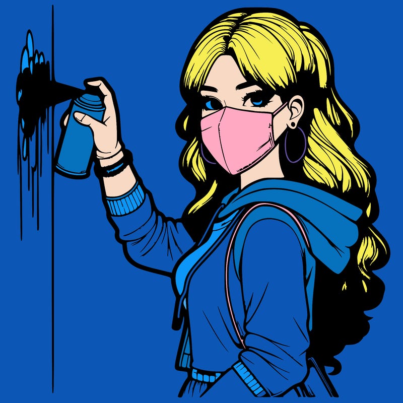 realistic girl with mask spray painting a wall