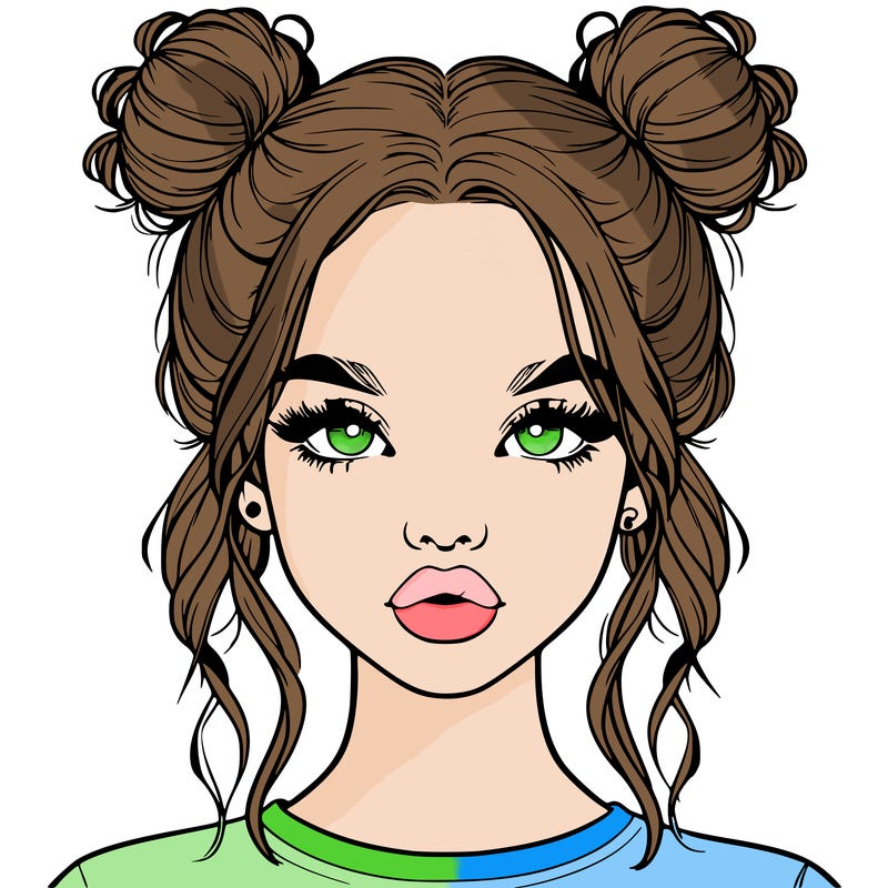 realistic girl with two buns in hair and lips