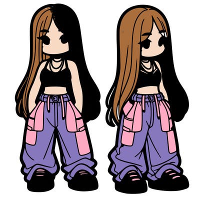 girl in baggy pants crop top and long hair