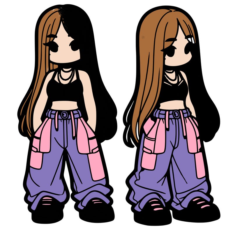 girl in baggy pants crop top and long hair