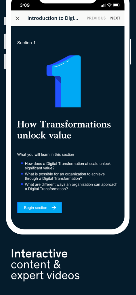McKinsey Accelerate app screen introducing a digital transformation course section