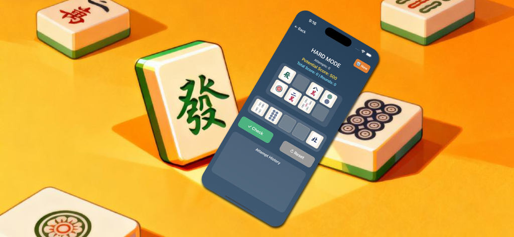 A smartphone screen displaying the Mahjong Brain Sort app in hard mode surrounded by physical mahjong tiles