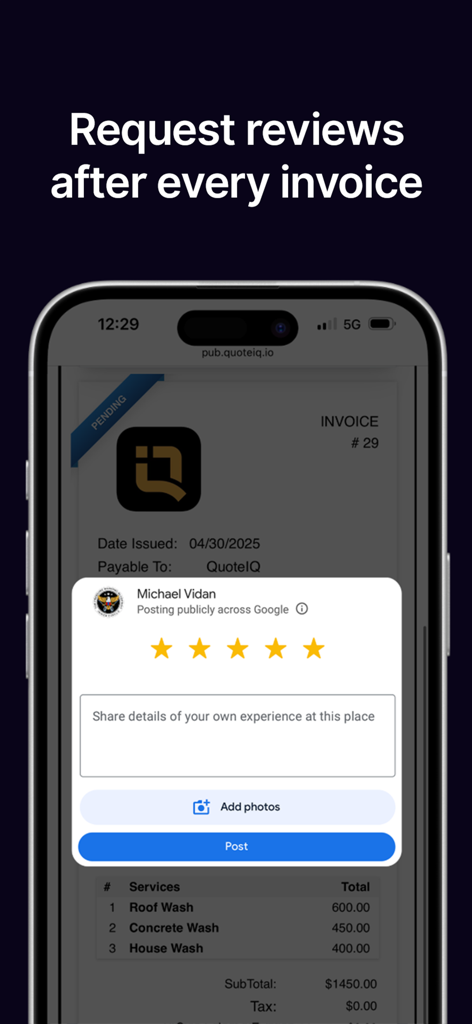 QuoteIQ app showing a five star Google review request on an invoice screen