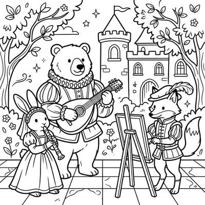 Step into a charming world where Renaissance animals gather for a day of music and art! This delightful coloring page features a mandolin-playing bear, a flutist rabbit, and a creative fox, all ready for young artists to bring their vibrant colors to life.