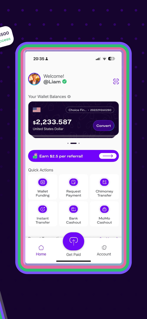 Chimoney app home dashboard showing a USD wallet balance and quick action buttons for global money transfers