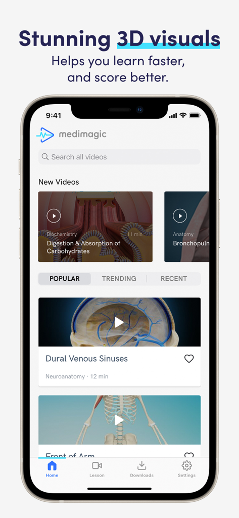 The MediMagic app home screen featuring 3D medical animation video lessons for anatomy and biochemistry.