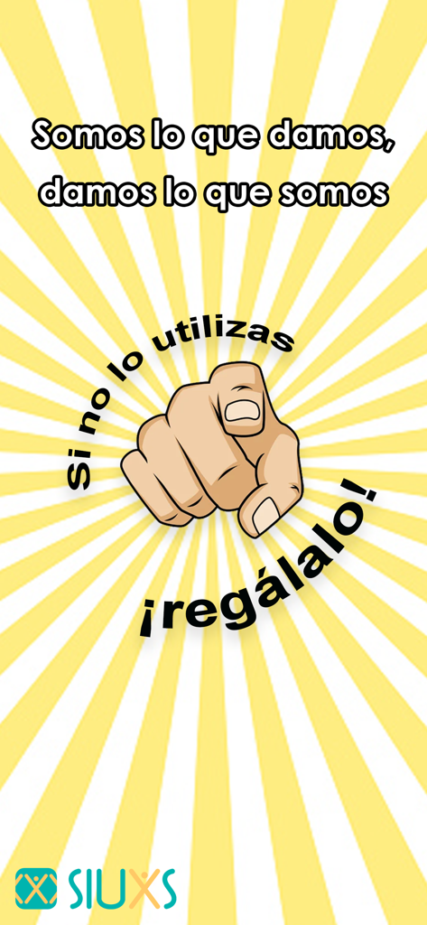 Siuxs - Gráfico do aplicativo Siuxs com uma mão apontando e texto em espanhol que incentiva a doação de itens não utilizados.