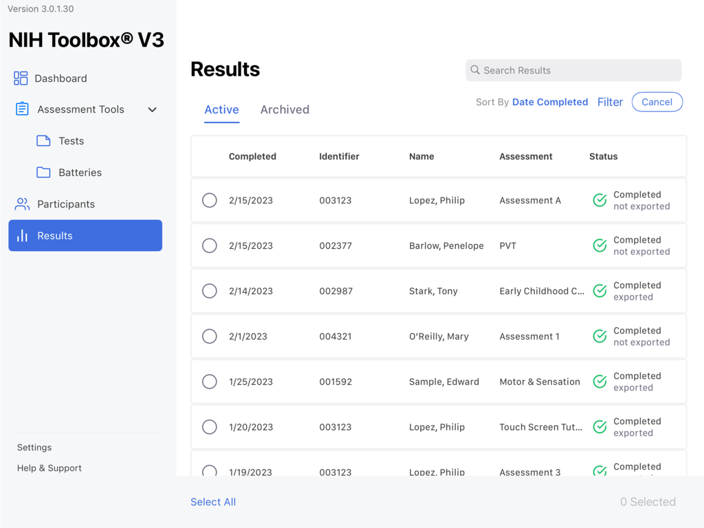 NIH Toolbox V3 results dashboard showing a list of completed clinical assessments with participant names and status