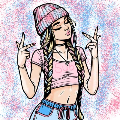 realistic teenage girl with braids and a beanie and crop top doing 🫶🏼