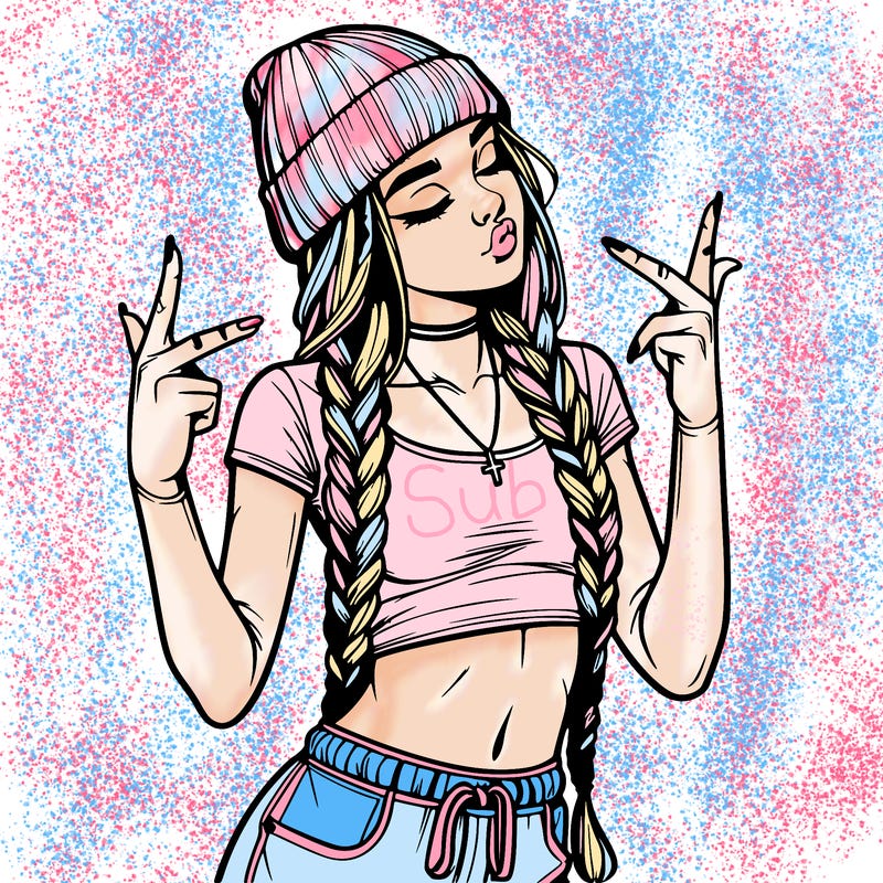 realistic teenage girl with braids and a beanie and crop top doing 🫶🏼