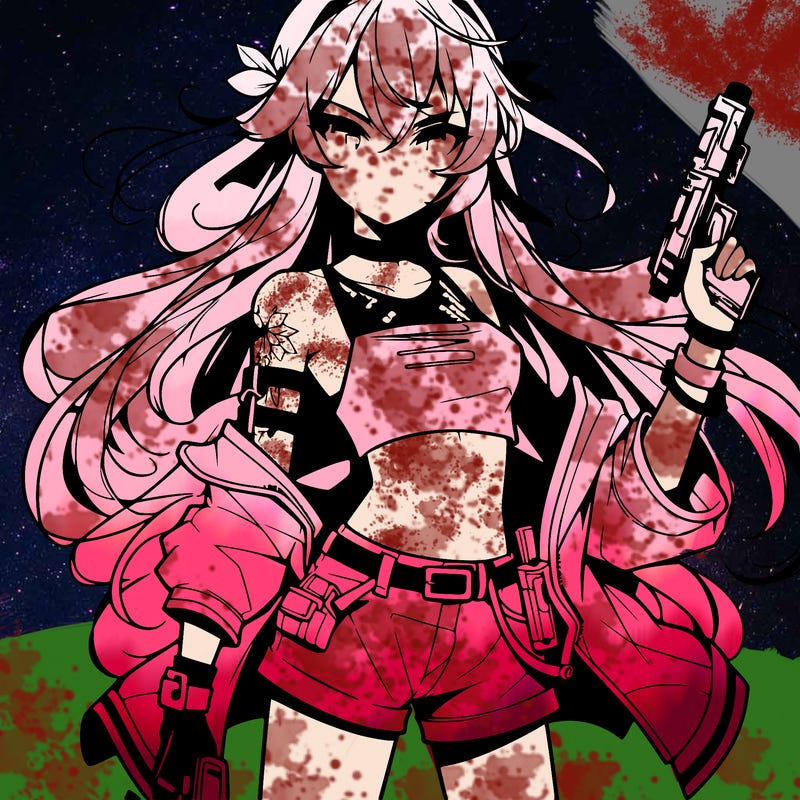 bad girl wearing crop top holding a gun long hair anime