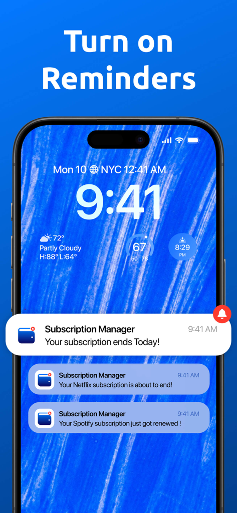 Subscription Trackerㅤ - iPhone lock screen with push notifications for subscription renewals and expirations from the Subscription Tracker app.