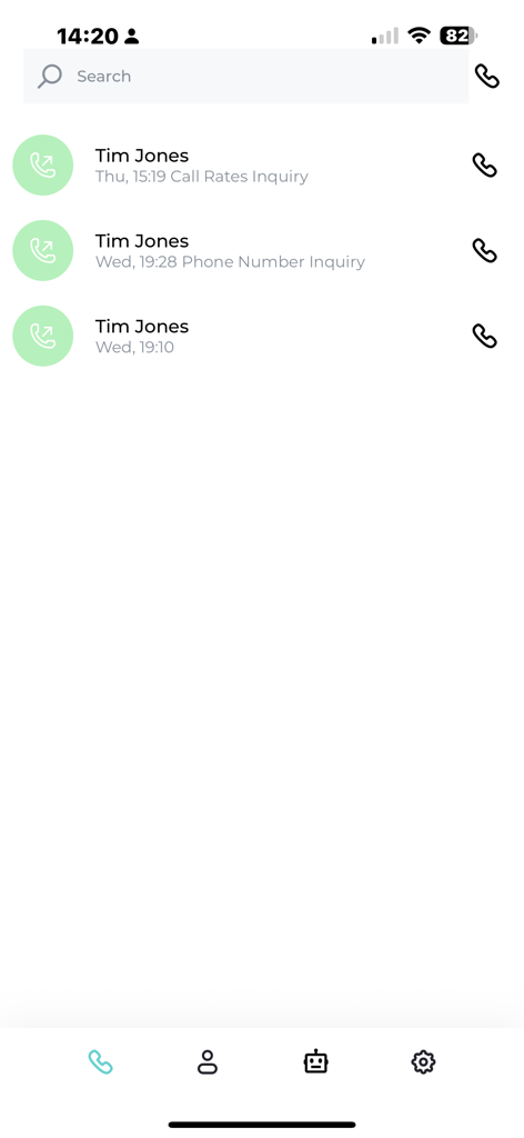 Sonetel 2.0 - Interface de l'application Sonetel 2.0 affichant une liste d'appels et de demandes commerciales récents