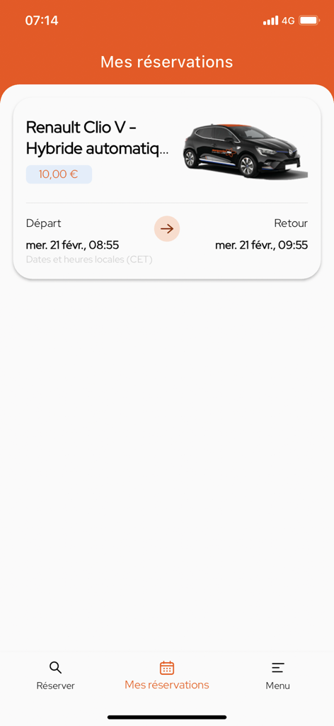 marguerite Autopartage Nantes - Marguerite car sharing app interface showing a reservation for a Renault Clio hybrid vehicle in Nantes.