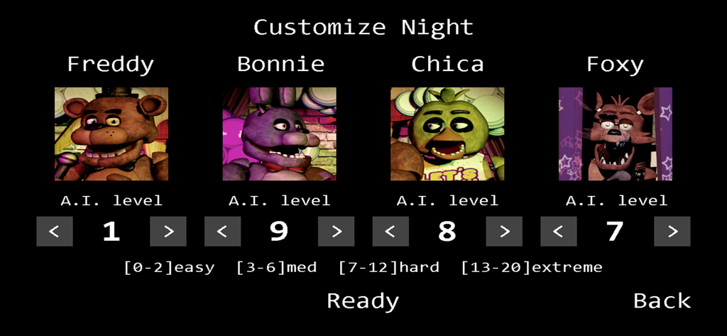 Five Nights at Freddy's - Customize Night menu in Five Nights at Freddys showing AI level settings for Freddy Bonnie Chica and Foxy
