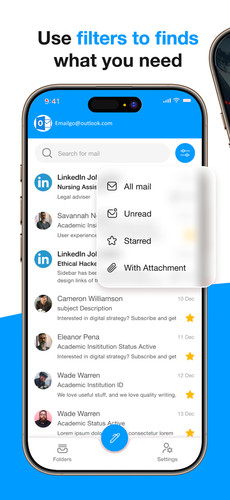 Email for Hotmail, Outlook - 未読、スター付き、添付ファイル付きのオプションを含むフィルターメニューを示すメールアプリのインターフェイス