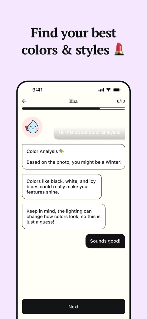 Kina: AI Glow-Up Friend - Interfaz de la app IA Kina proporcionando análisis de color estacional y recomendando una paleta de invierno