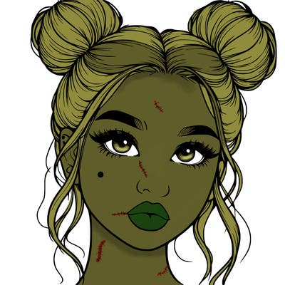 realistic girl with two buns on her hair and lips