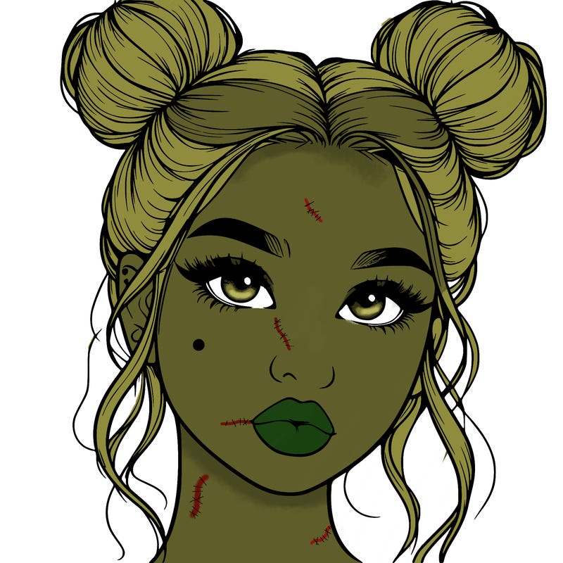 realistic girl with two buns on her hair and lips