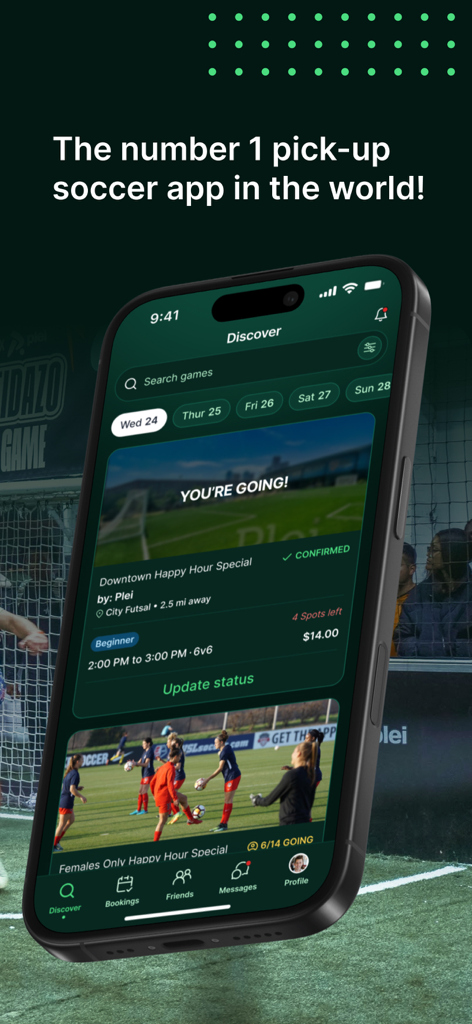 Plei | Pick Up Soccer - Interfaz de la aplicación Plei que muestra próximos partidos de fútbol improvisado disponibles para reservar.