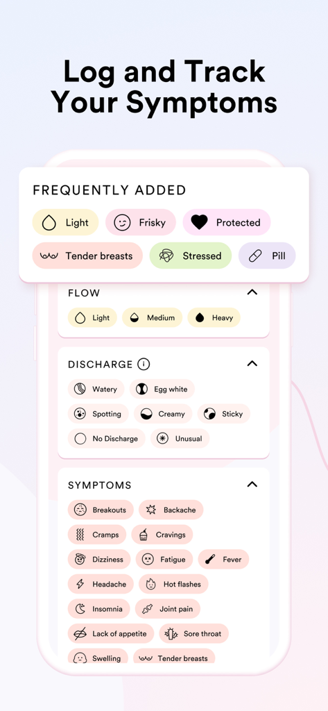 IVY Period & Pregnancy Tracker - Interface for logging menstrual cycle symptoms, flow, and discharge in the IVY Period and Pregnancy Tracker app.