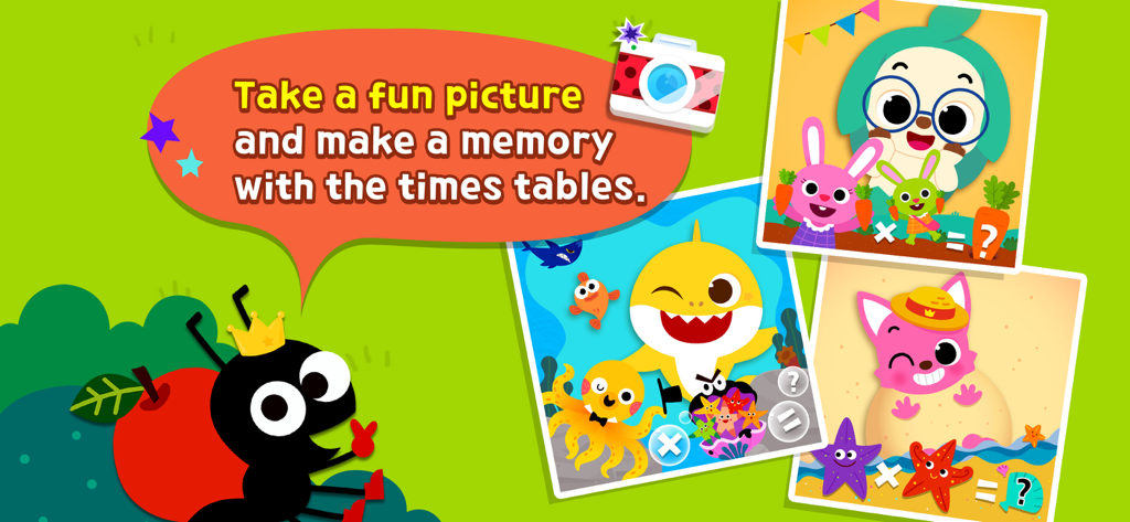 Pinkfong Fun Times Tables - Capture d'écran montrant la fonction caméra de l'application Pinkfong Fun Times Tables pour prendre des photos avec des personnages éducatifs et des thèmes de multiplication