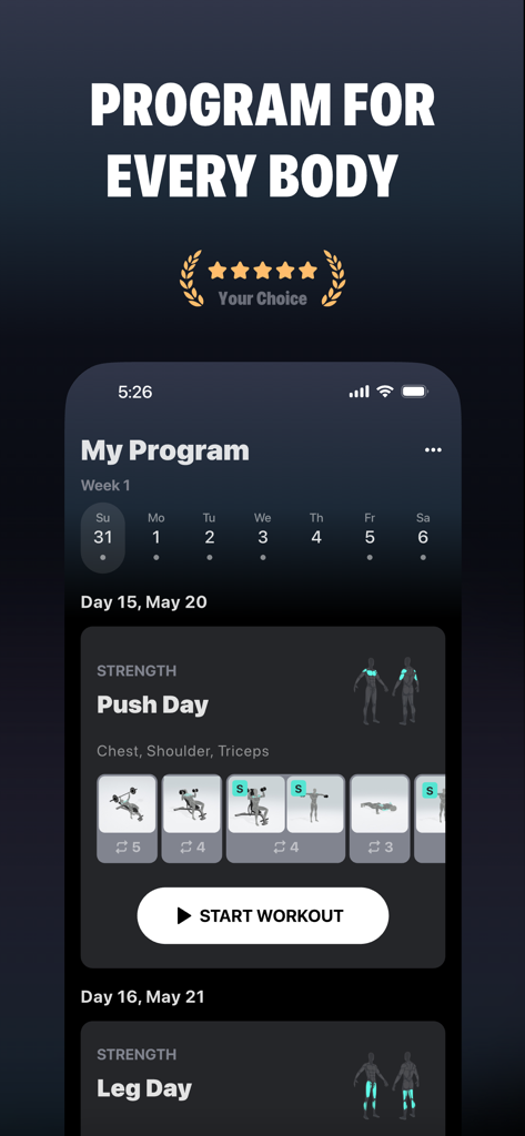 Keep Gym - Muscle Booster - Keep Gymアプリインターフェースに週ごとの筋力トレーニングプログラムとプッシュデイのルーチンを表示