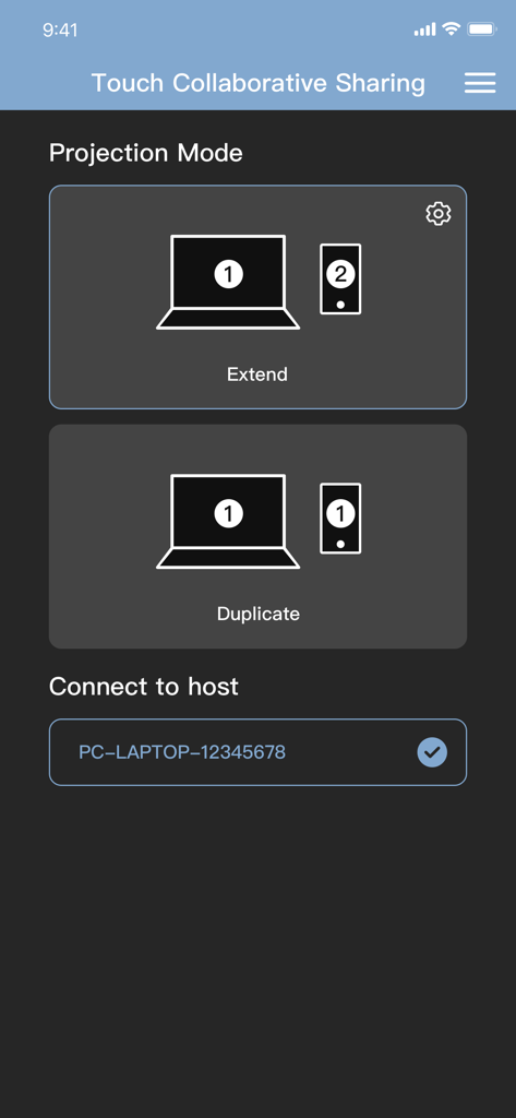 Interface of the Magic Switch app showing options to extend or duplicate a Windows PC screen to a mobile device.
