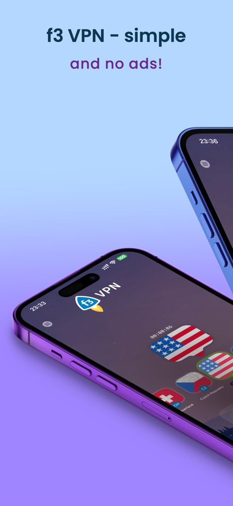 f3 vpn - simple VPN - Interface do aplicativo móvel f3 vpn em iPhones mostrando locais de servidores e status da conexão