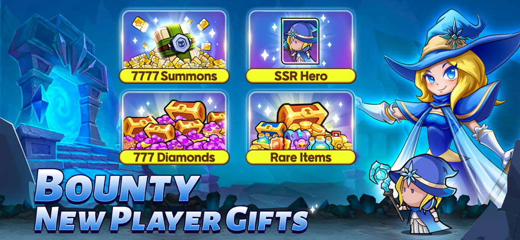 Promotional banner for Mini Heroes Magic Throne showing bounty new player gifts including 7777 summons and an SSR hero.