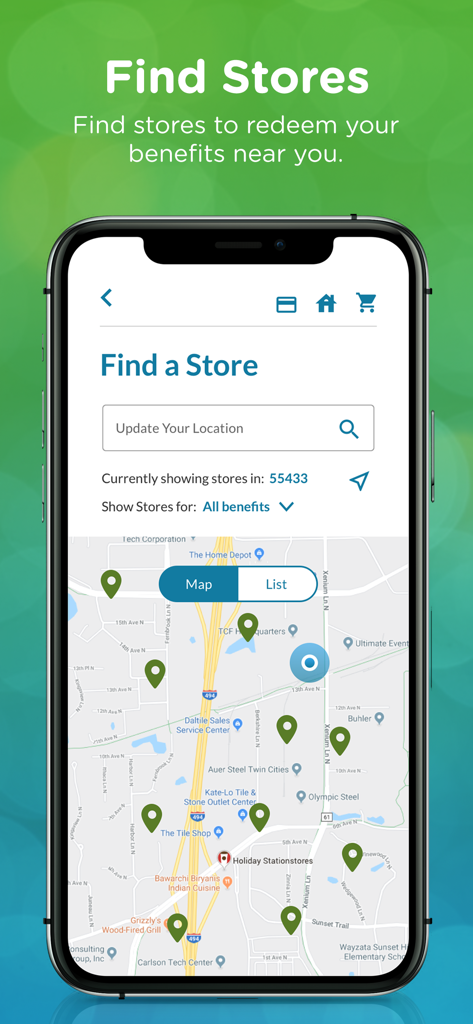 Map view in the Healthy Benefits Plus app showing nearby retail store locations to redeem benefits.