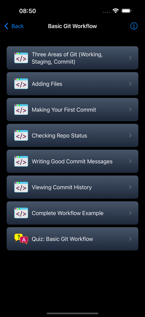 Mobile app interface of the Learn Git Step by Step app showing the Basic Git Workflow chapter modules and a summary quiz.