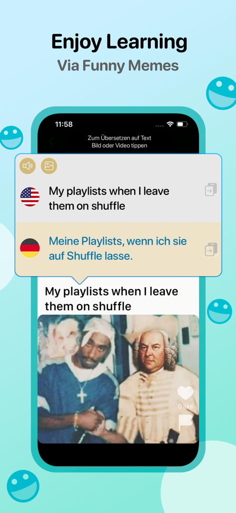 English Well: Learn 4 Skills - English Wellアプリのスクリーンショット。ポップカルチャーやユーモアを通じて英語を学ぶために使用されるバイリンガルミームが表示されています。