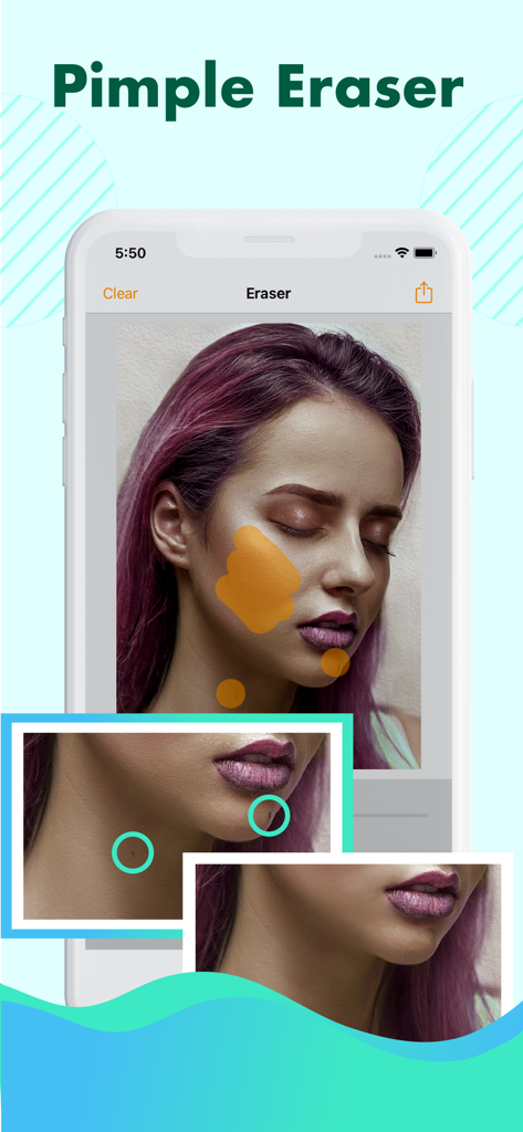 객체 제거 사진 지우개 도구를 사용하여 인물 사진의 여드름과 잡티를 제거하는 방법을 보여주는 모바일 앱 인터페이스.