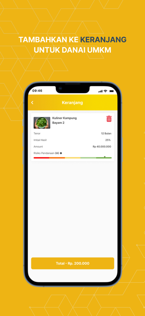 KlikUMKM app cart screen showing a micro-business funding opportunity