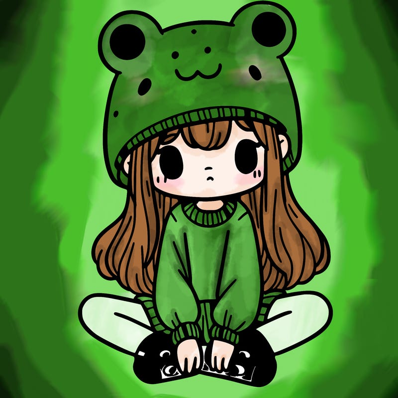 a girl wearing a frog hat and some frog socks