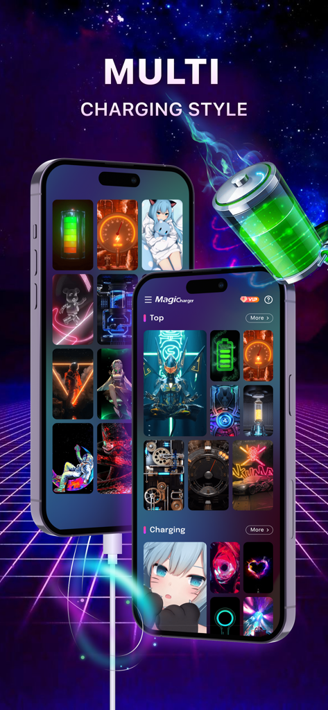 Magic Charger-Charge Animation - Two iPhones displaying a library of creative and aesthetic charging animation themes including anime, neon, and mechanical styles.