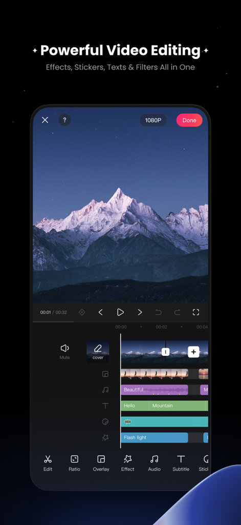KwaiCutアプリのインターフェースに、プロフェッショナルなビデオ編集ツールとマルチトラックタイムラインが表示されている様子
