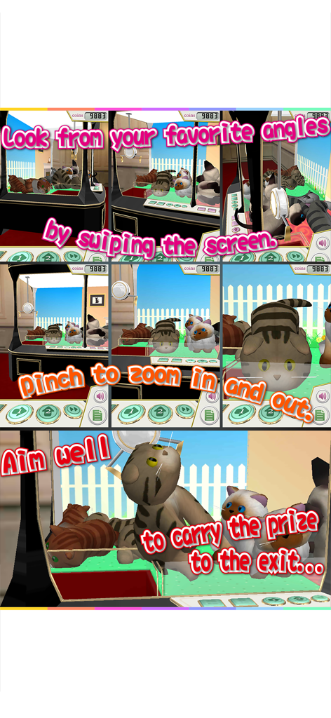 Capturas de tela da jogabilidade de Claw Crane Cats mostrando ângulos de câmera 3D, controles de zoom e mirando a máquina de garra para pegar gatinhos de gato.