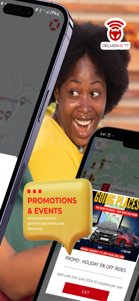 DeliverMe TT app interface showing holiday ride discounts and promotional events