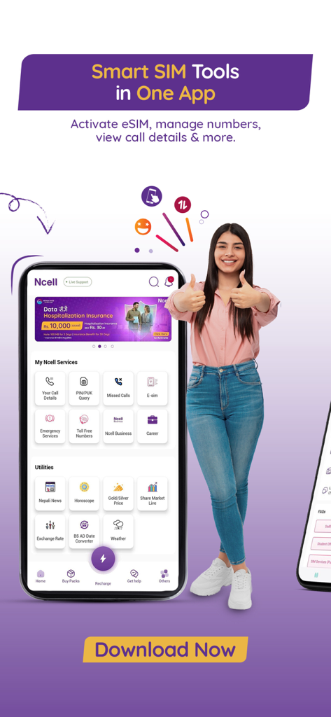 Ncell - Ncell mobile app dashboard showing various services and utilities with a smiling woman giving thumbs up