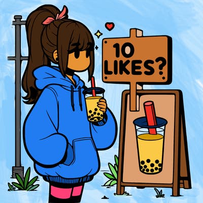 girl with oversized hoodie drinking boba and she has a high ponytail with a sign that says 10likes?
